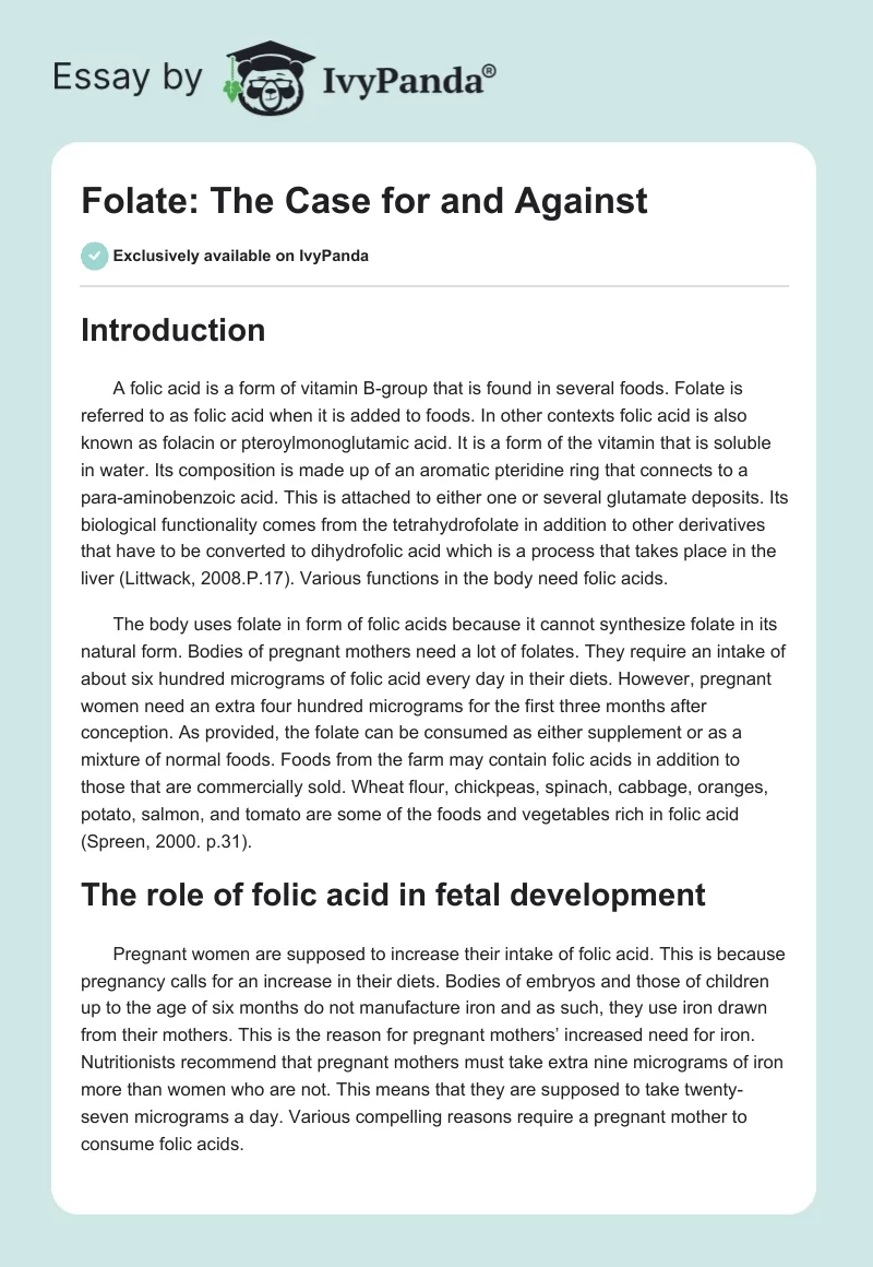 Folate: The Case for and Against. Page 1