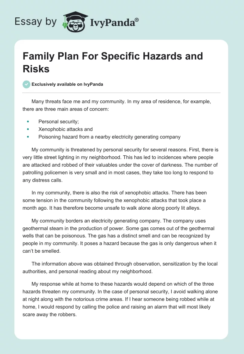 Family Plan For Specific Hazards and Risks. Page 1
