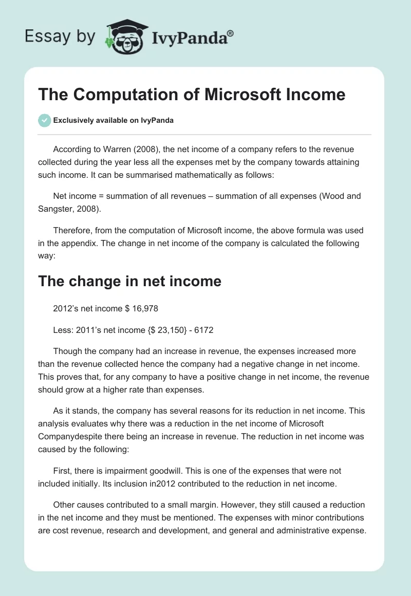 The Computation of Microsoft Income. Page 1