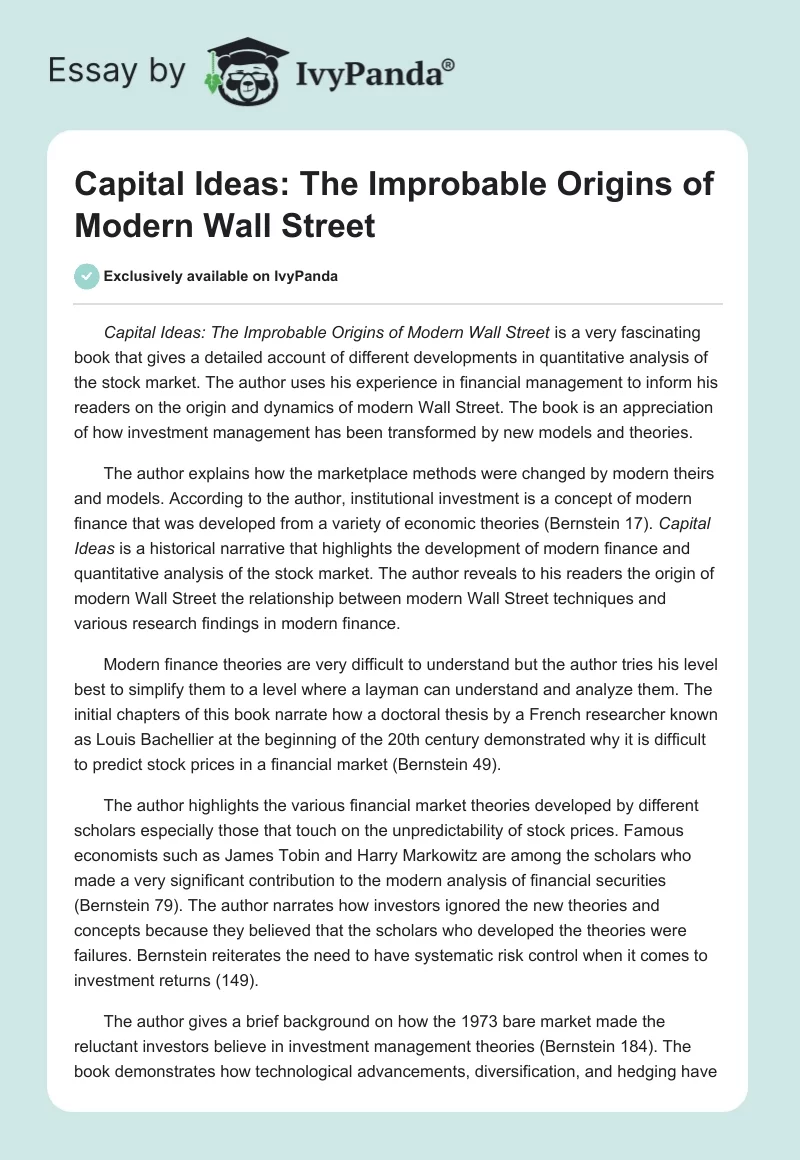 Capital Ideas: The Improbable Origins of Modern Wall Street. Page 1