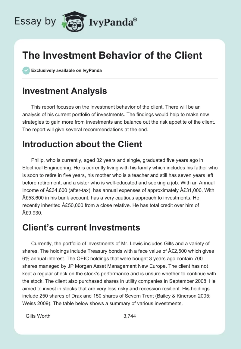 The Investment Behavior of the Client. Page 1