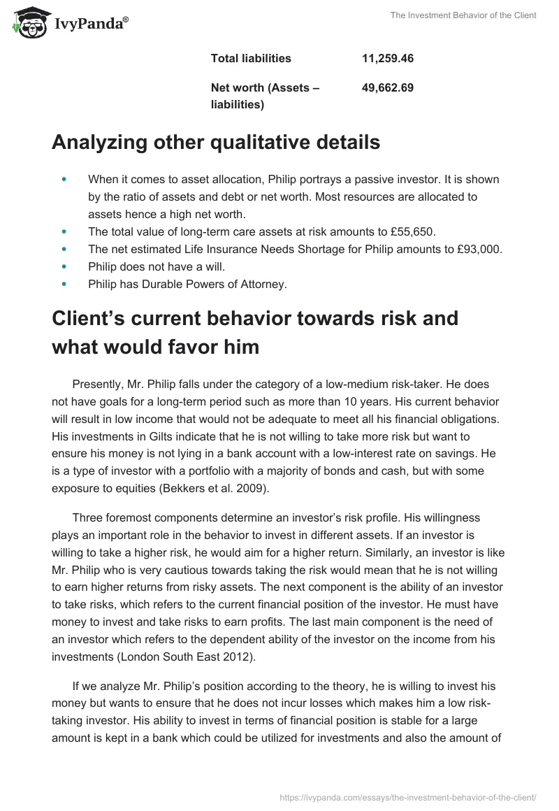 The Investment Behavior of the Client. Page 4