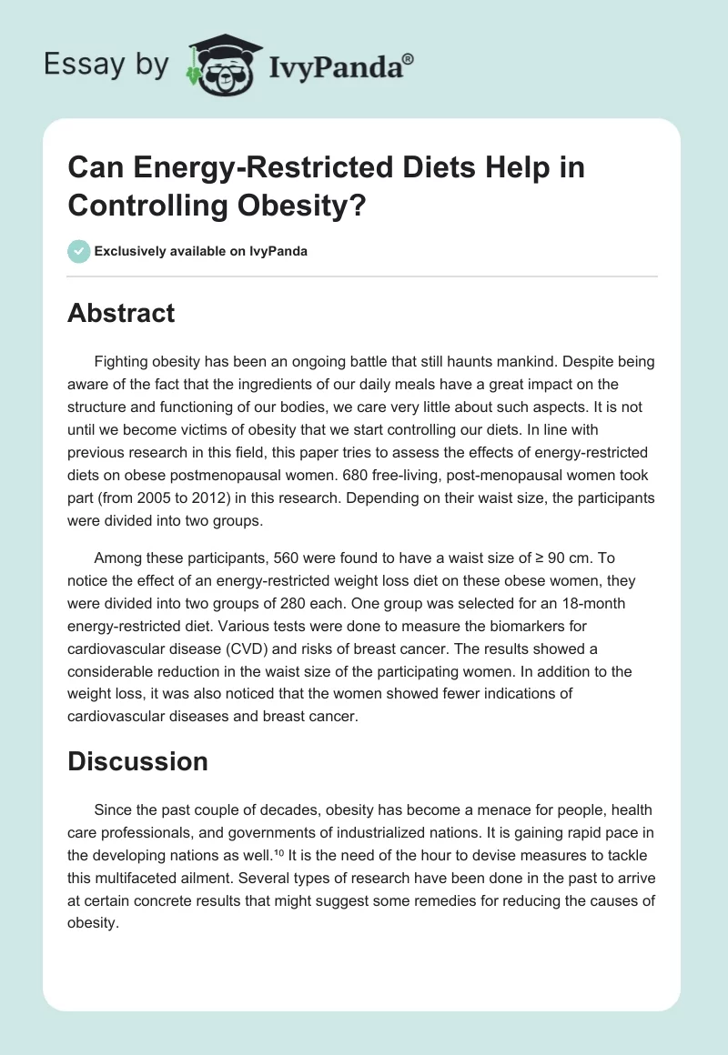 Can Energy-Restricted Diets Help in Controlling Obesity?. Page 1