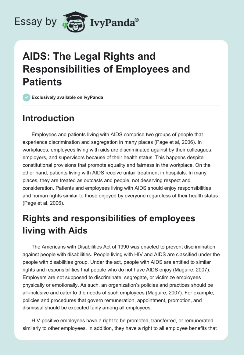 AIDS: The Legal Rights and Responsibilities of Employees and Patients. Page 1