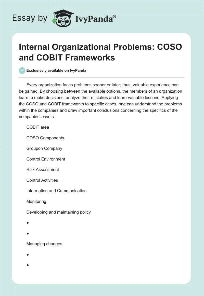 Internal Organizational Problems: COSO and COBIT Frameworks. Page 1