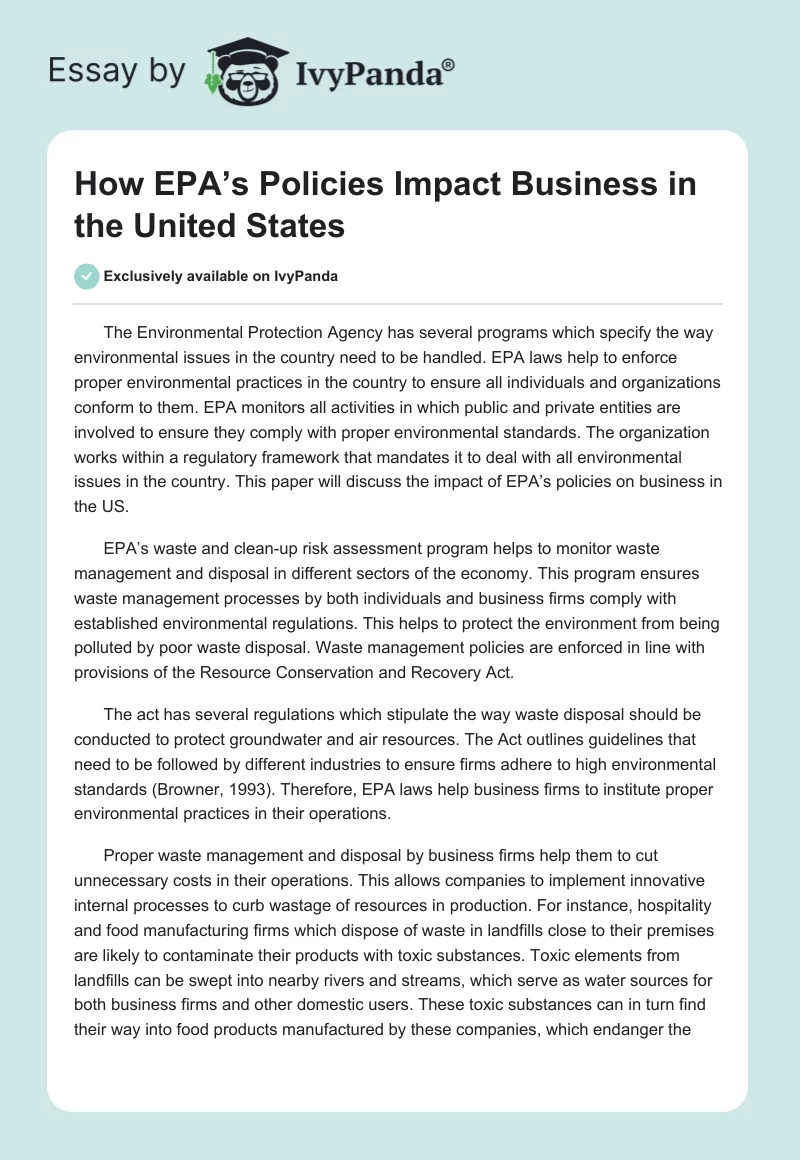 How EPA’s Policies Impact Business in the United States. Page 1