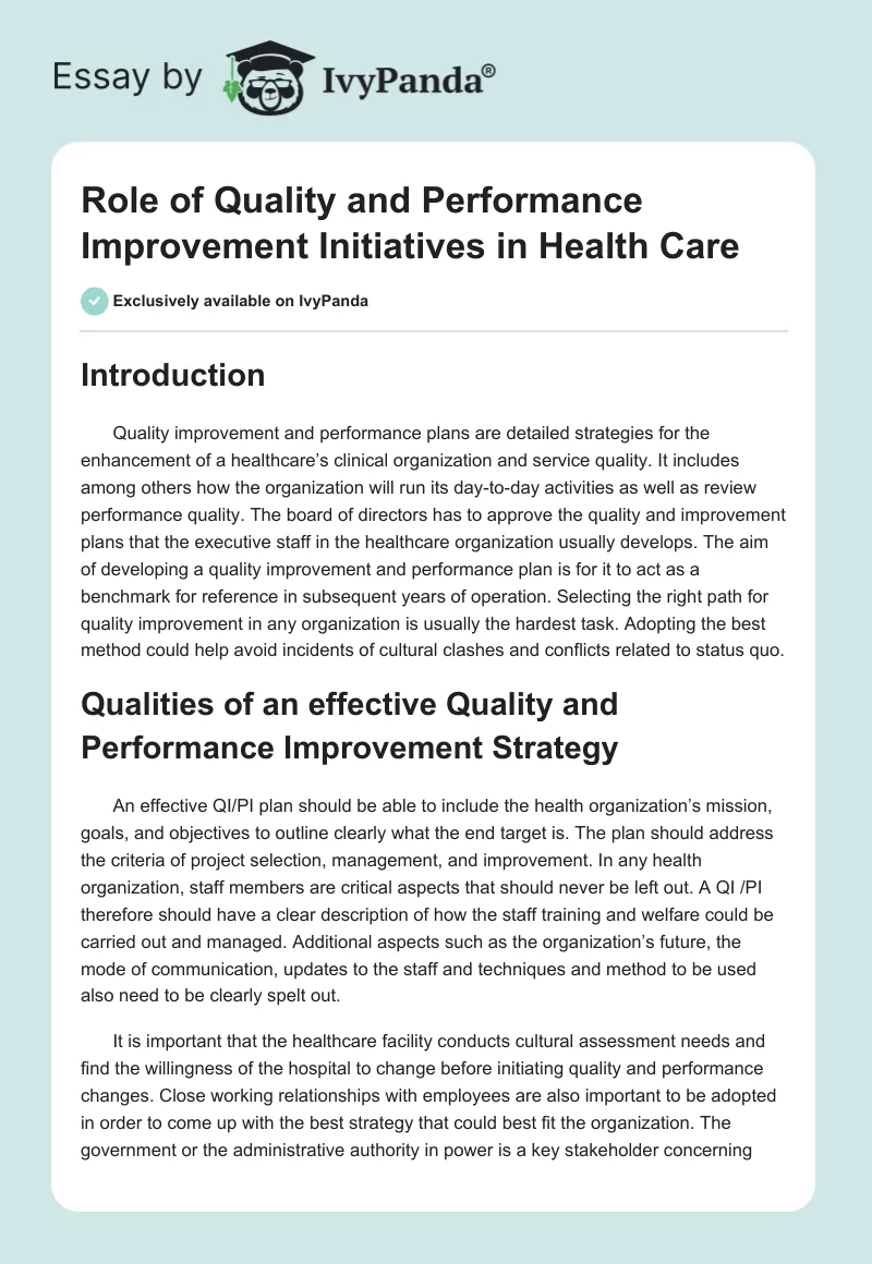 Role of Quality and Performance Improvement Initiatives in Health Care. Page 1