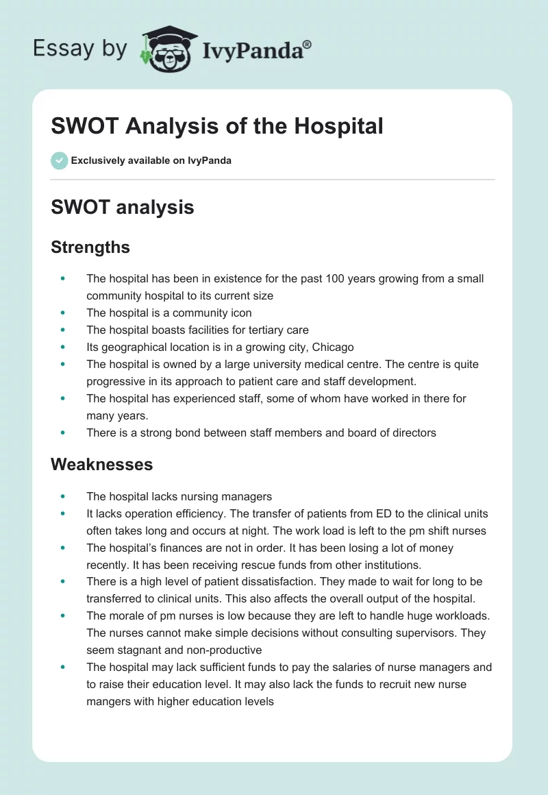 SWOT Analysis of the Hospital. Page 1