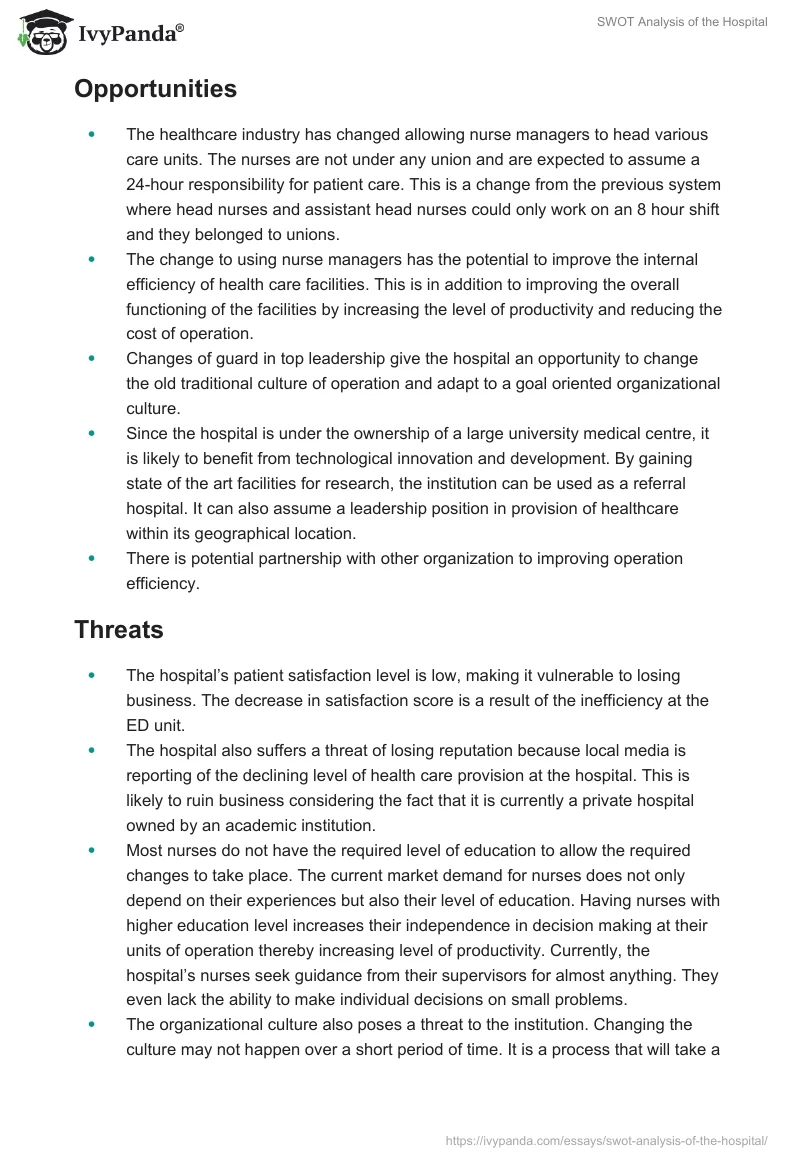 SWOT Analysis of the Hospital. Page 2