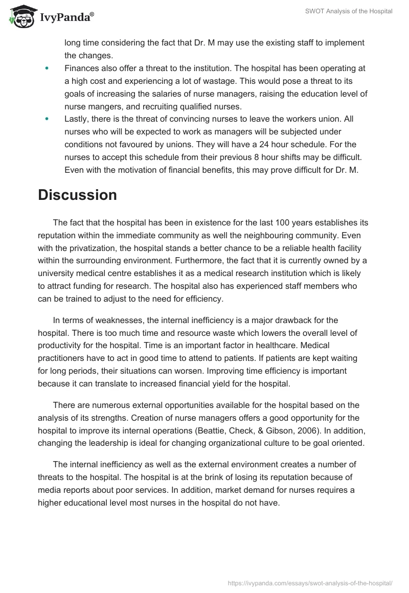 SWOT Analysis of the Hospital. Page 3