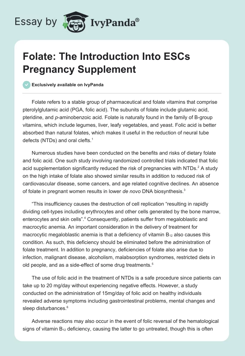 Folate: The Introduction Into ESCs Pregnancy Supplement. Page 1