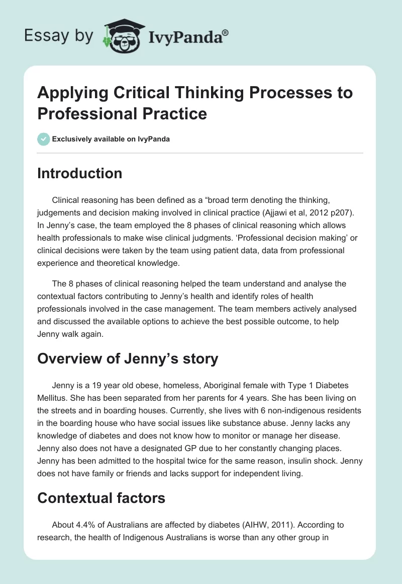 Applying Critical Thinking Processes to Professional Practice. Page 1