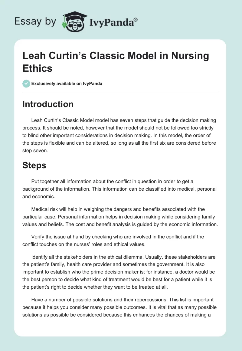 Leah Curtin’s Classic Model in Nursing Ethics. Page 1