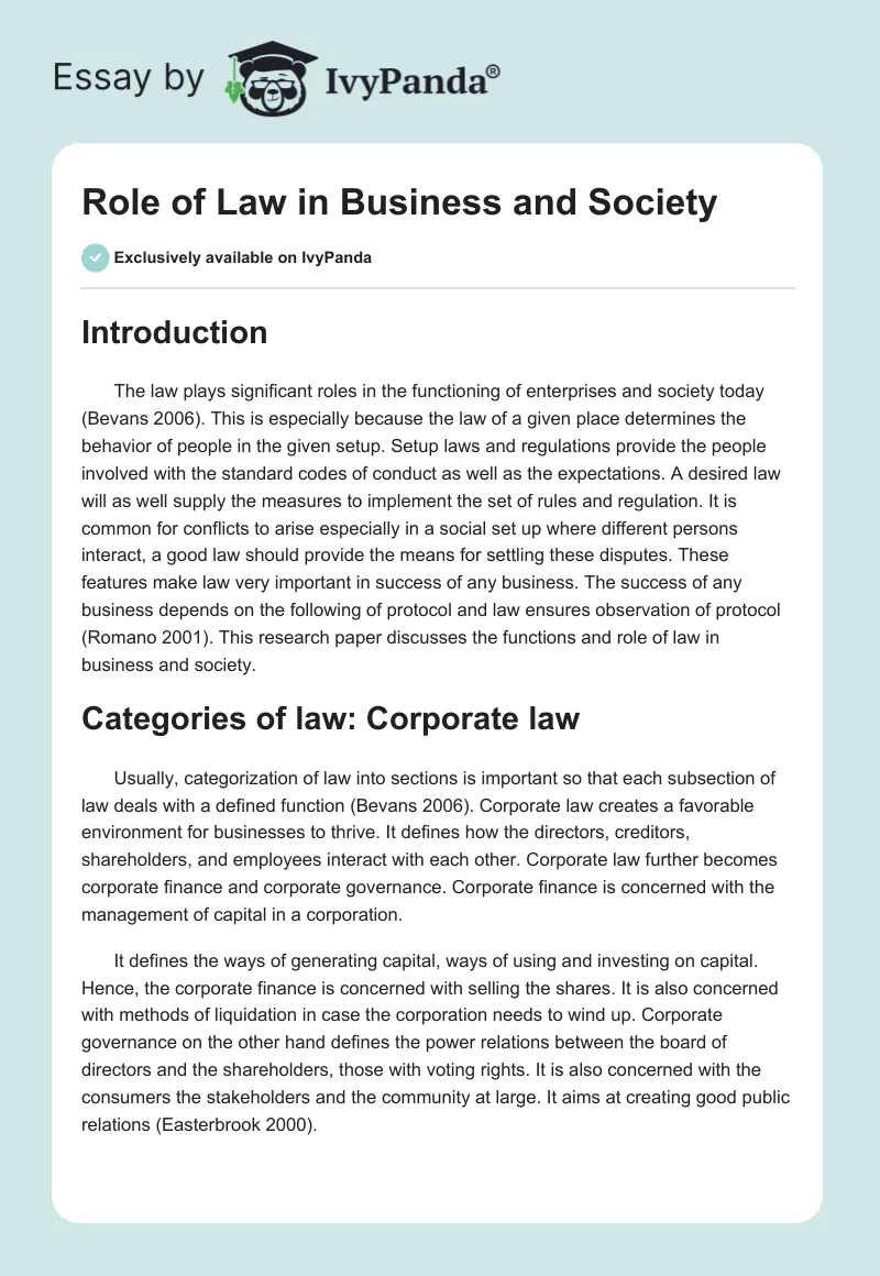 Role of Law in Business and Society. Page 1