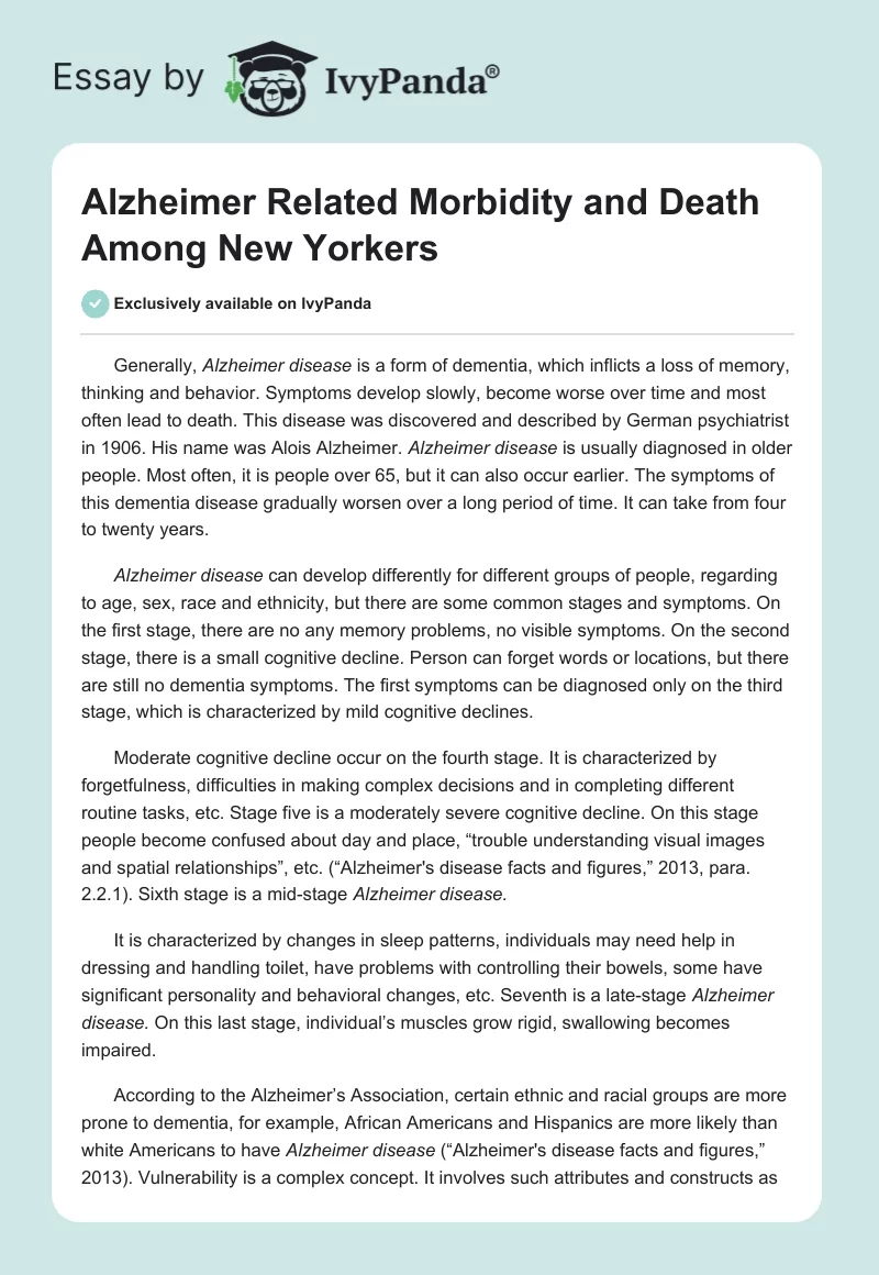 Alzheimer Related Morbidity and Death Among New Yorkers. Page 1