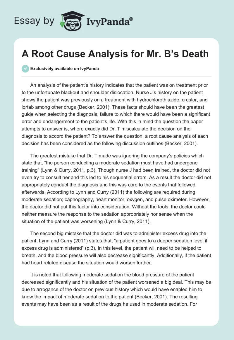 A Root Cause Analysis for Mr. B’s Death. Page 1