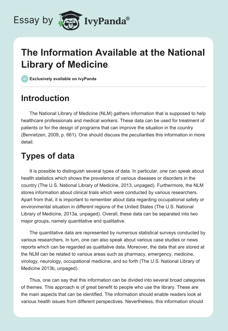 The Information Available at the National Library of Medicine. Page 1