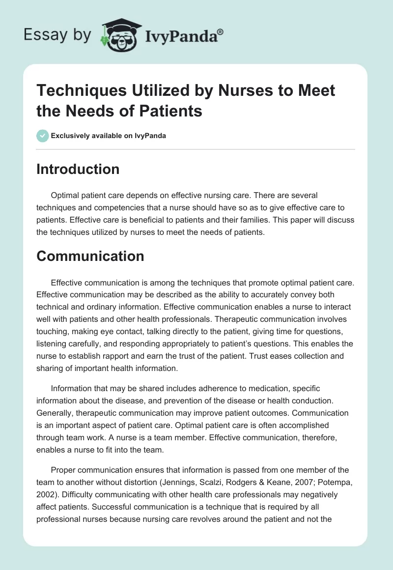 Techniques Utilized by Nurses to Meet the Needs of Patients. Page 1