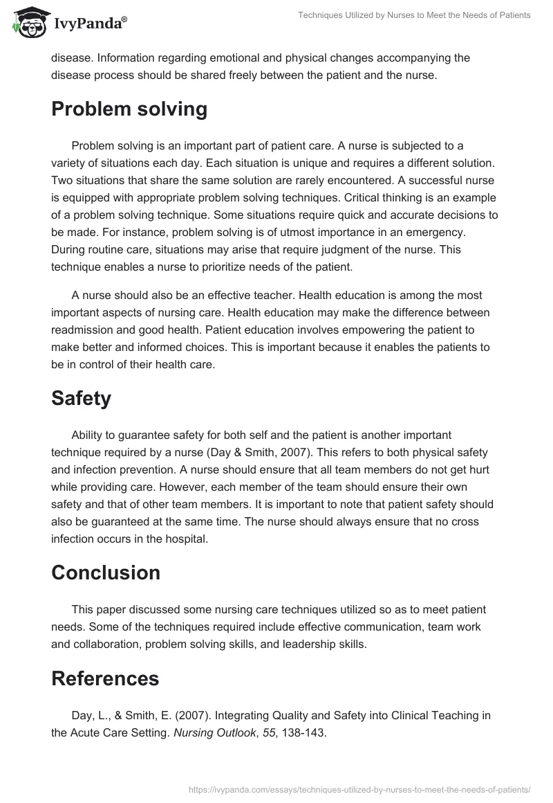 Techniques Utilized by Nurses to Meet the Needs of Patients. Page 2