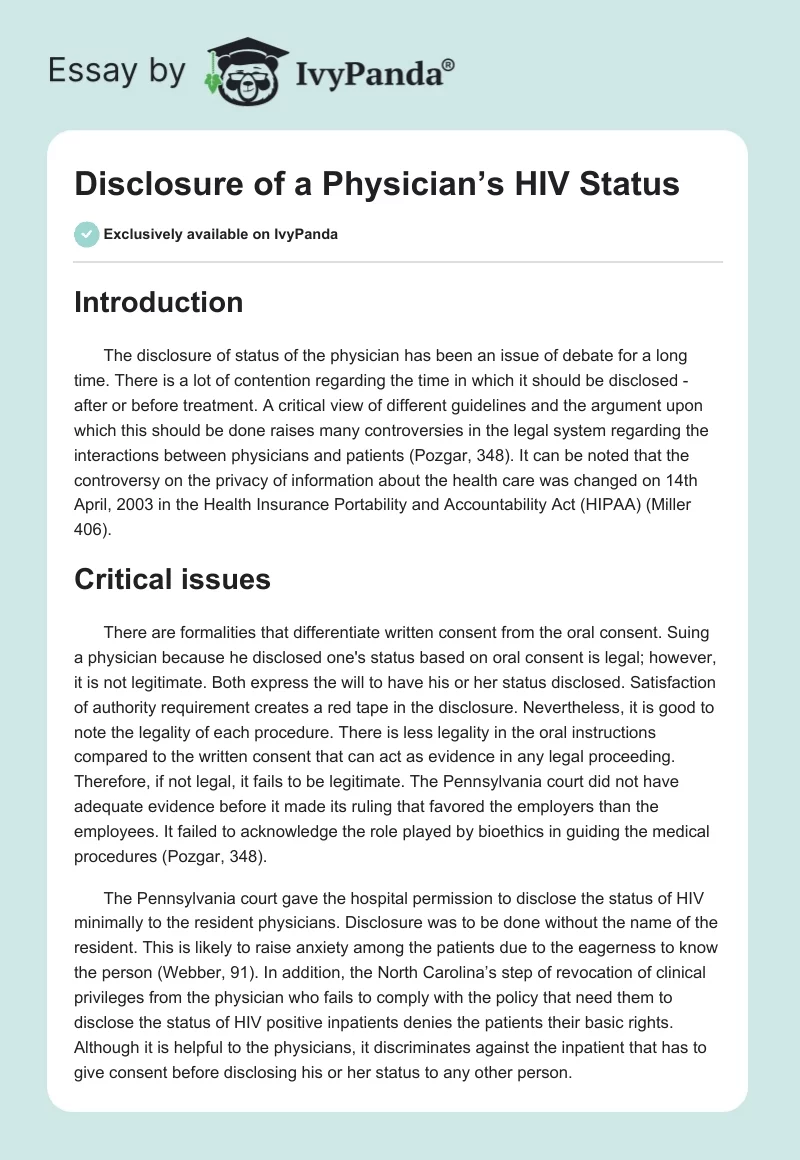 Disclosure of a Physician’s HIV Status. Page 1