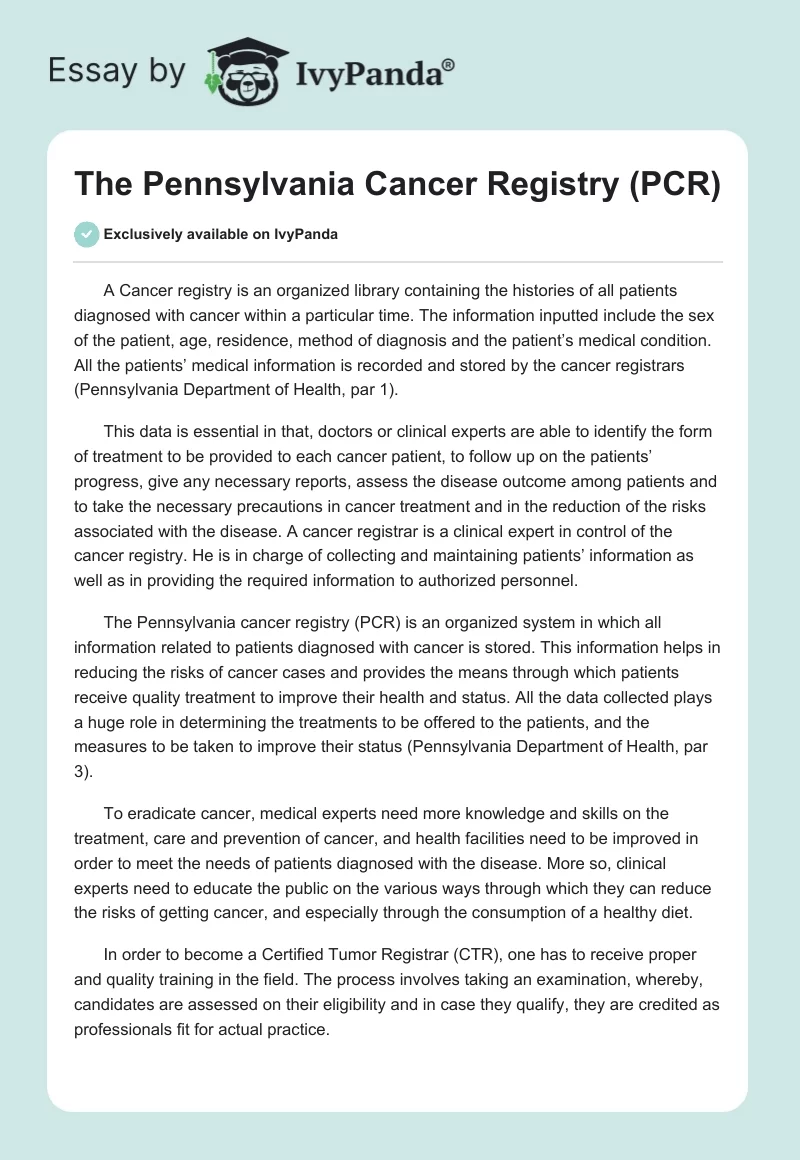 The Pennsylvania Cancer Registry (PCR). Page 1