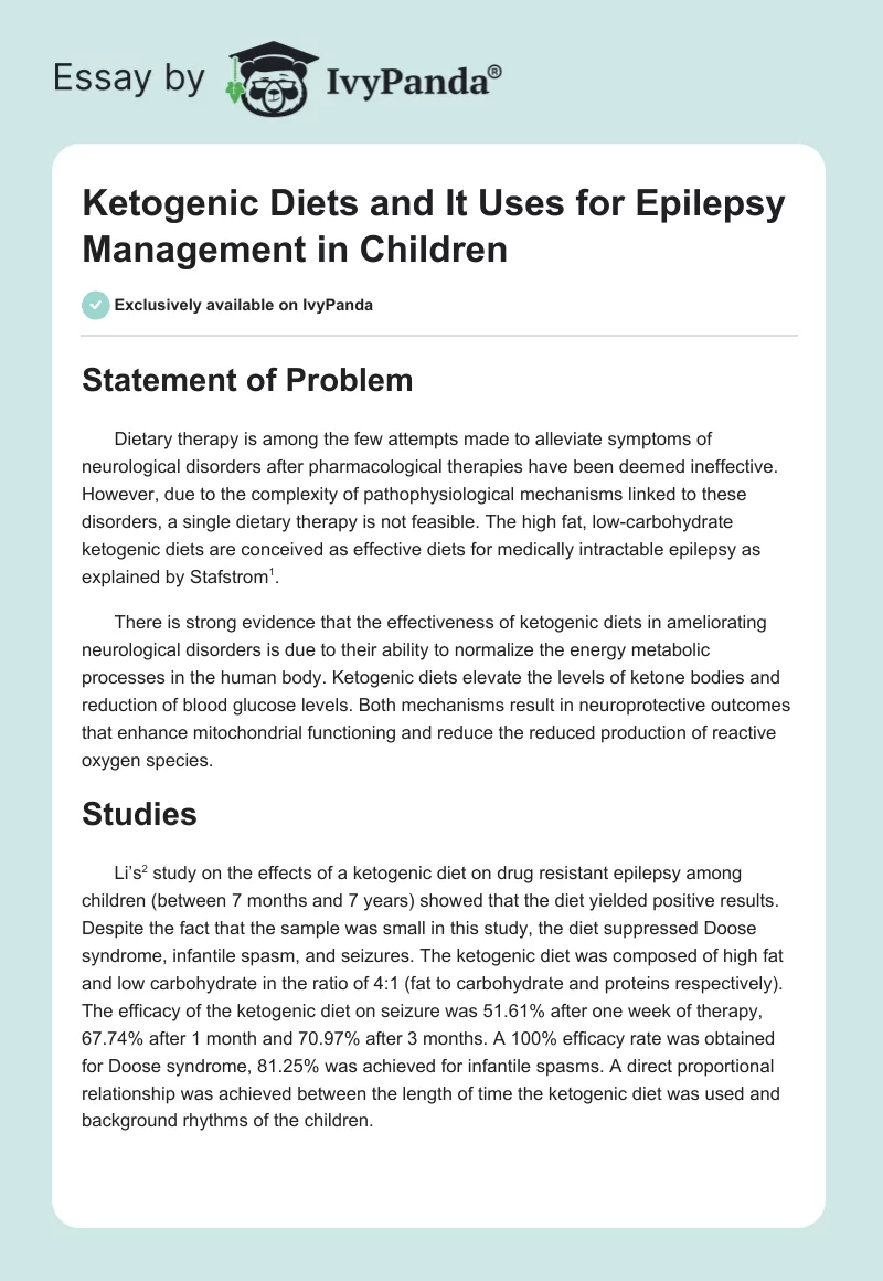 Ketogenic Diets and It Uses for Epilepsy Management in Children. Page 1