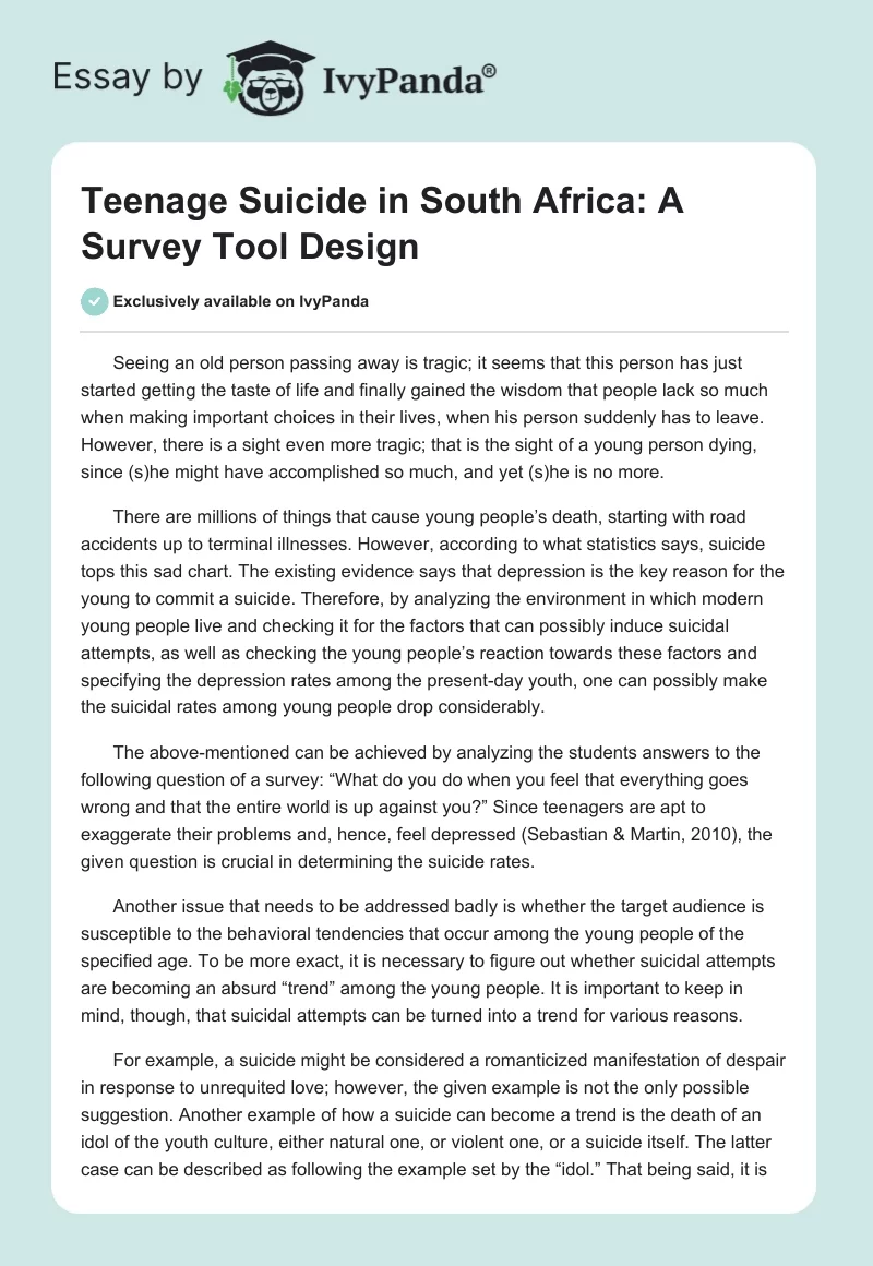 Teenage Suicide in South Africa: A Survey Tool Design. Page 1
