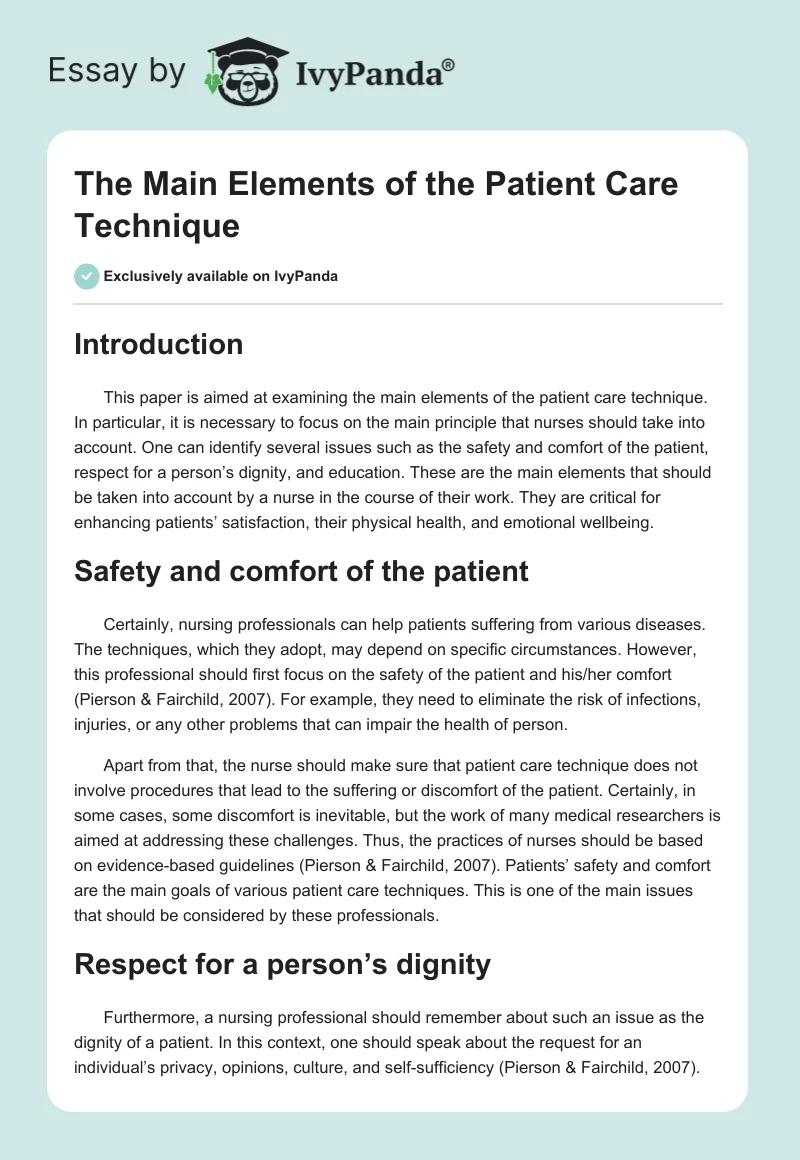 The Main Elements of the Patient Care Technique. Page 1