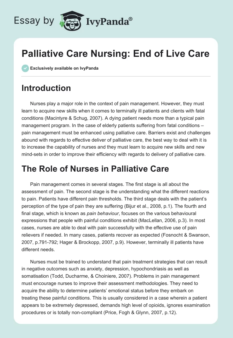 Palliative Care Nursing: End of Live Care. Page 1