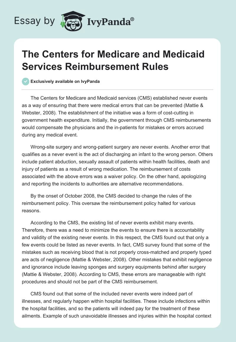 The Centers for Medicare and Medicaid Services Reimbursement Rules. Page 1