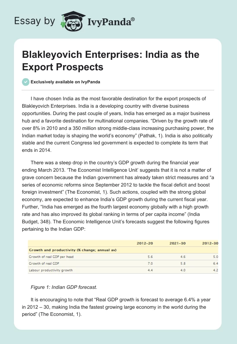 Blakleyovich Enterprises: India as the Export Prospects. Page 1