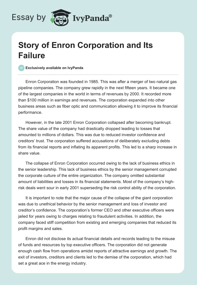 Story of Enron Corporation and Its Failure. Page 1