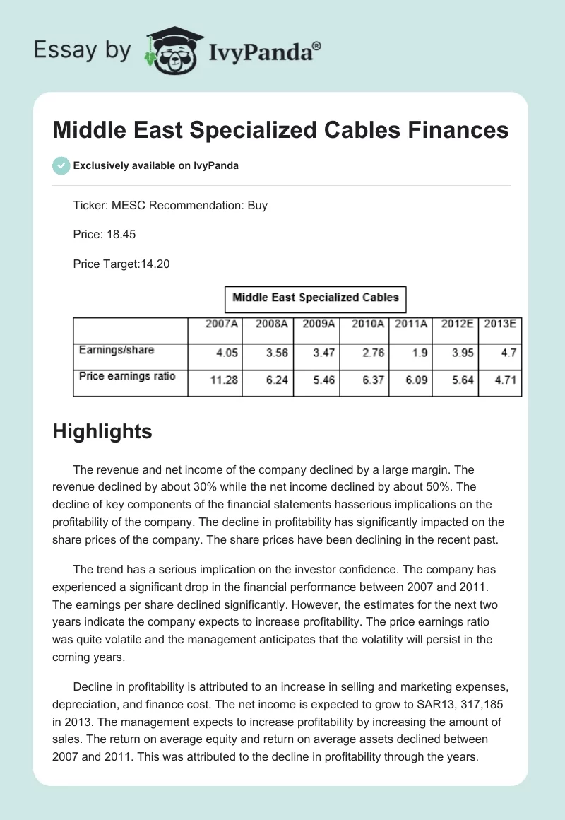 Middle East Specialized Cables Finances. Page 1