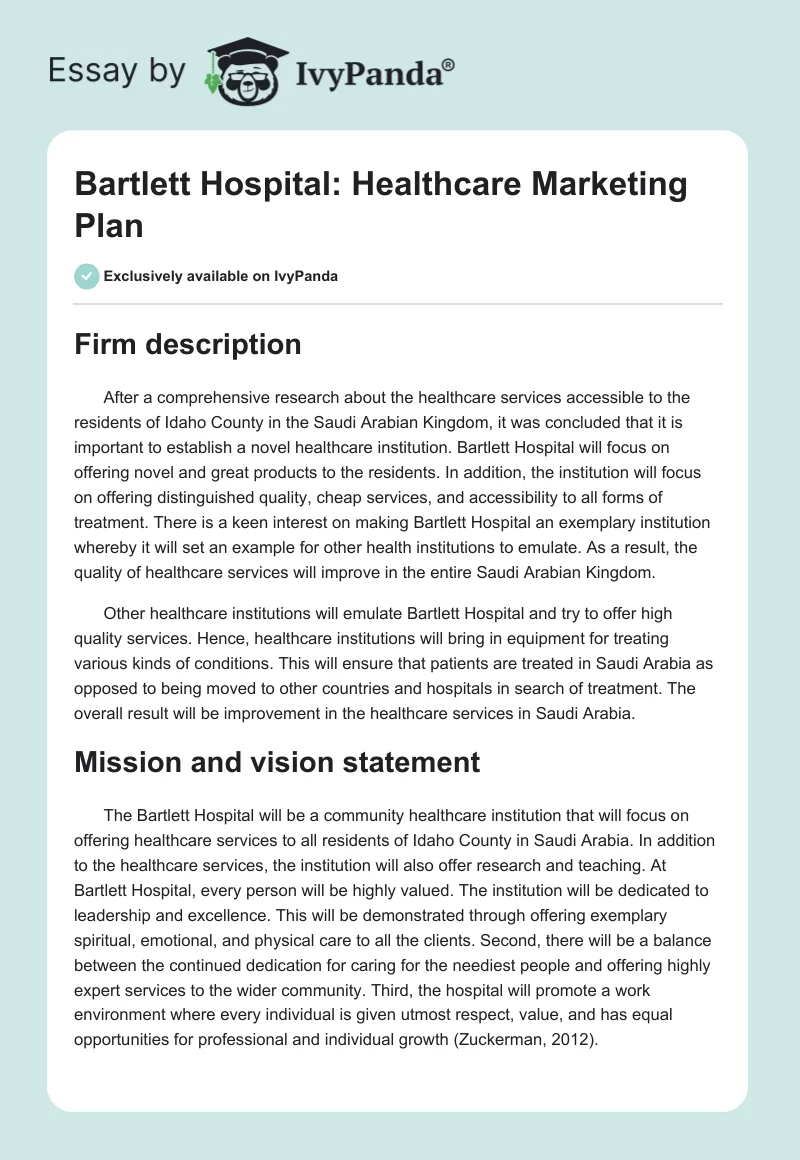 Bartlett Hospital: Healthcare Marketing Plan. Page 1