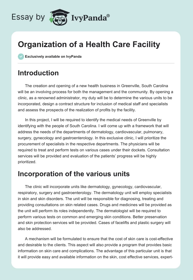 Organization of a Health Care Facility. Page 1