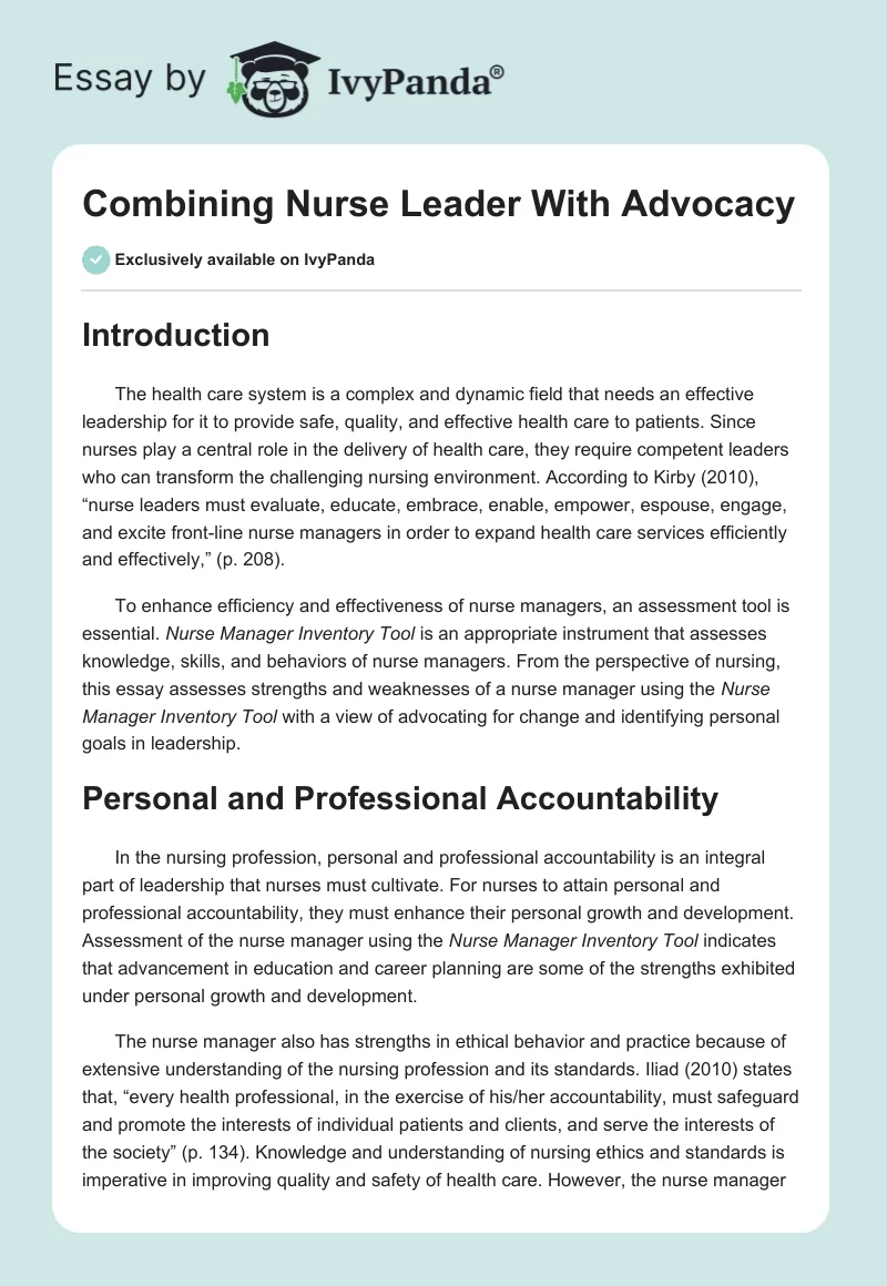 Combining Nurse Leader With Advocacy. Page 1