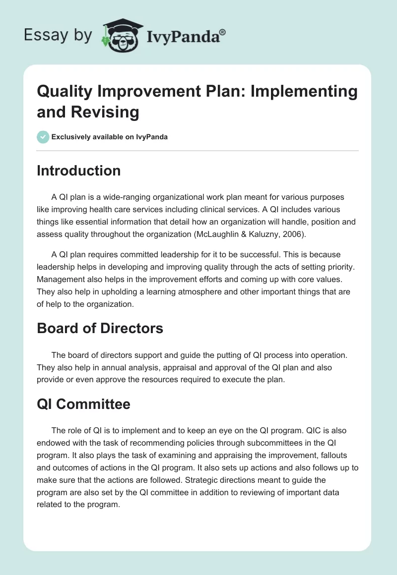 Quality Improvement Plan: Implementing and Revising. Page 1