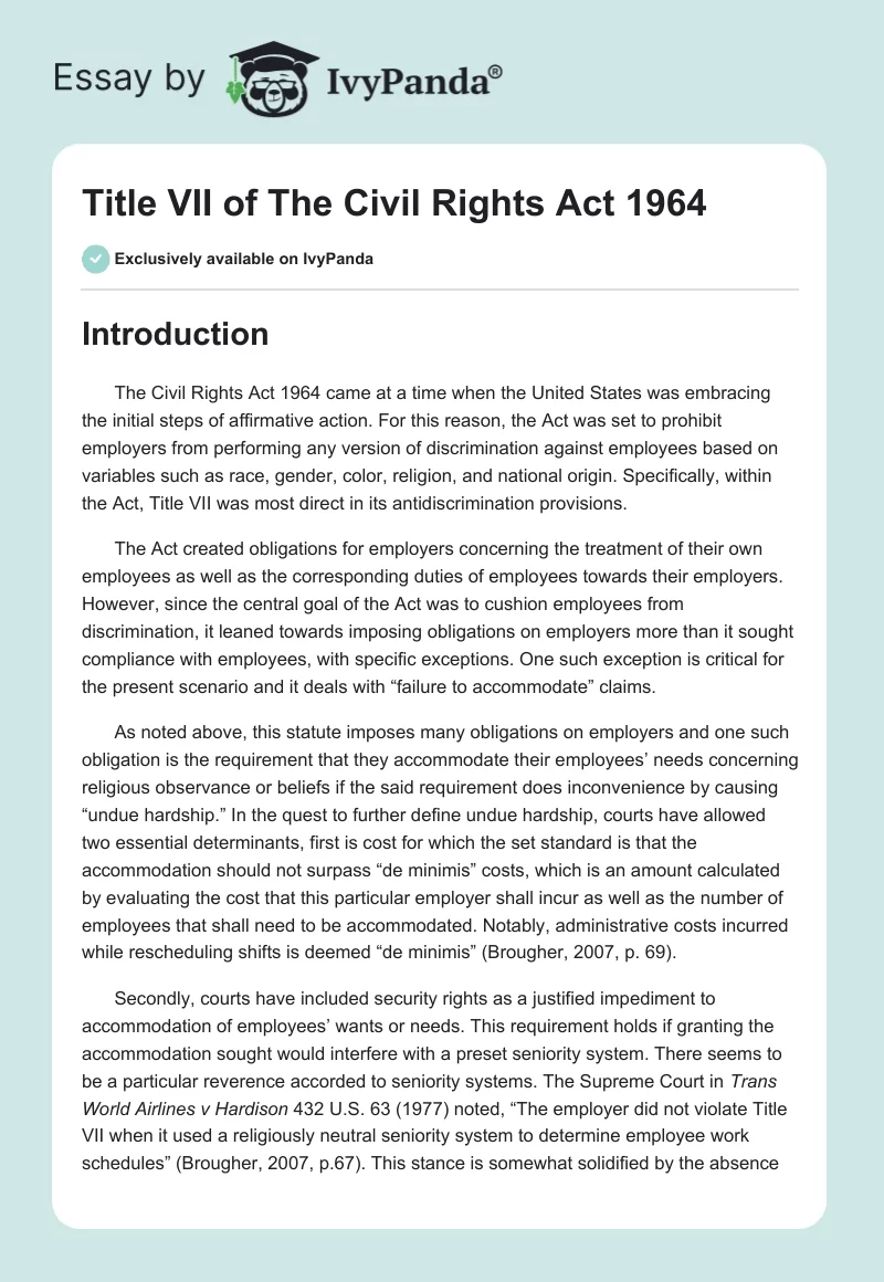 Title VII of The Civil Rights Act 1964. Page 1