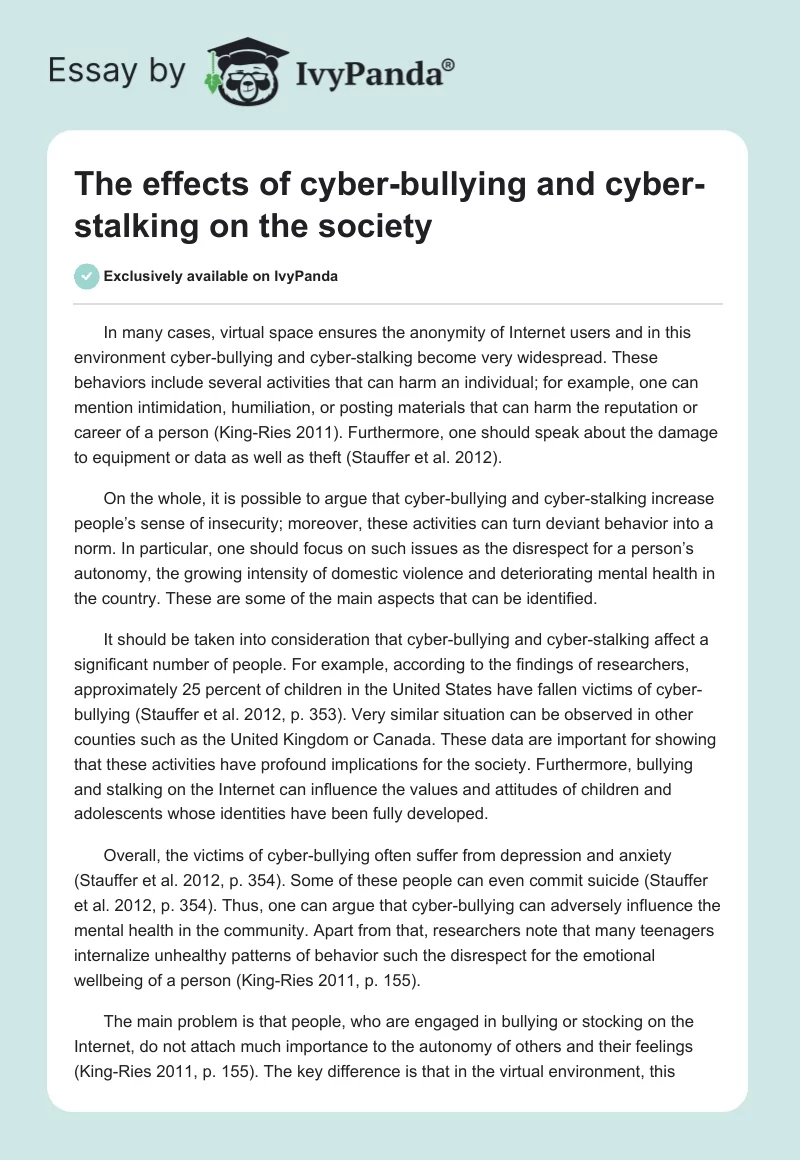 The Effects of Cyber-Bullying and Cyber-Stalking on the Society. Page 1