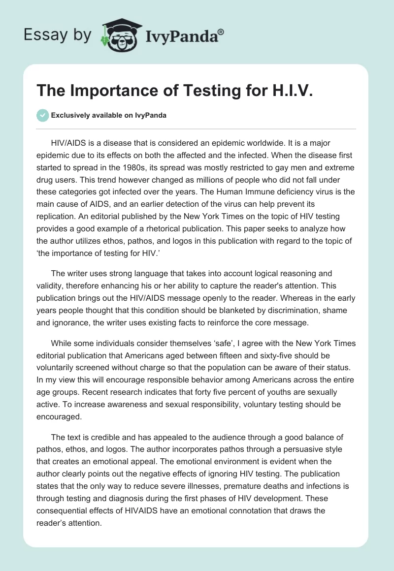 The Importance of Testing for H.I.V.. Page 1