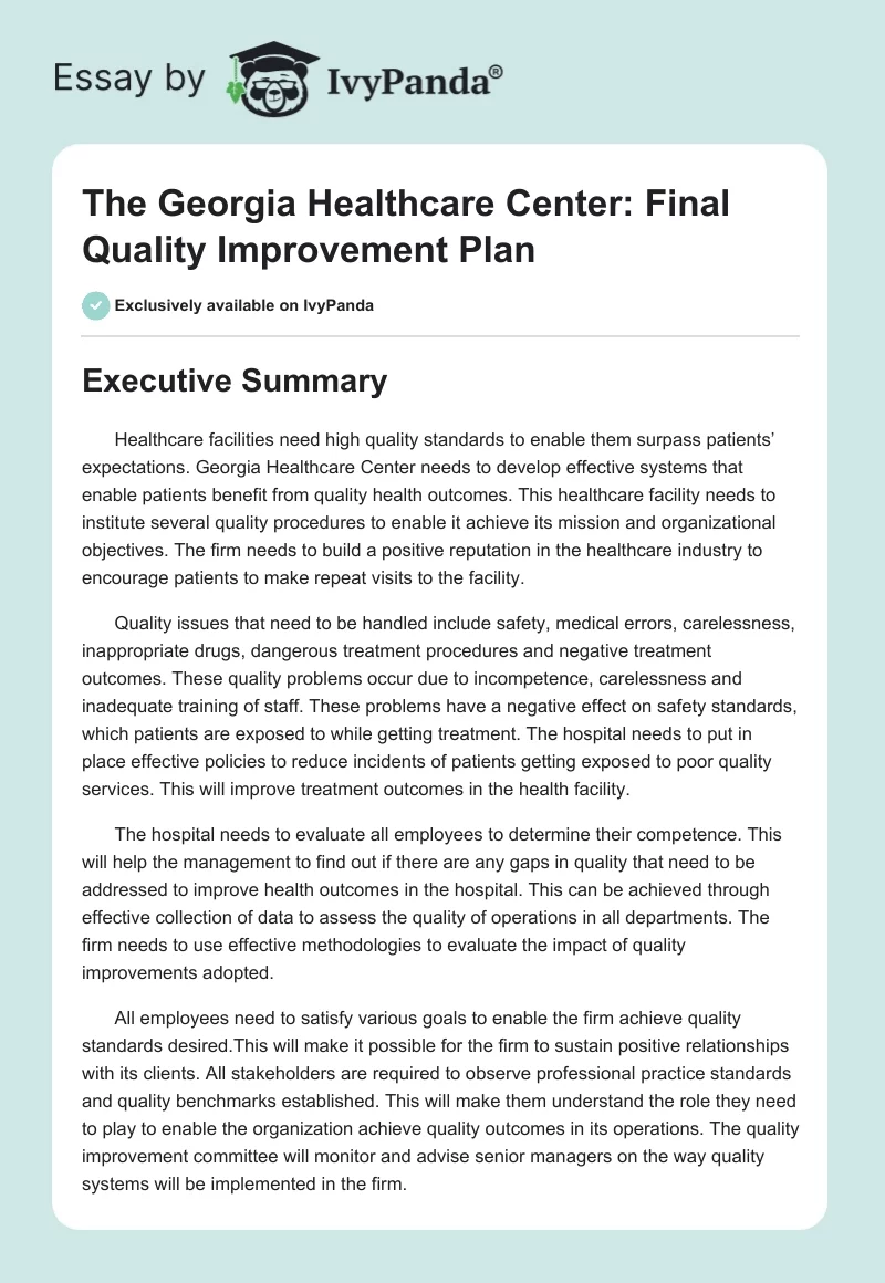 The Georgia Healthcare Center: Final Quality Improvement Plan. Page 1