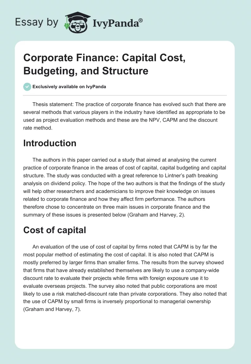 Corporate Finance: Capital Cost, Budgeting, and Structure. Page 1
