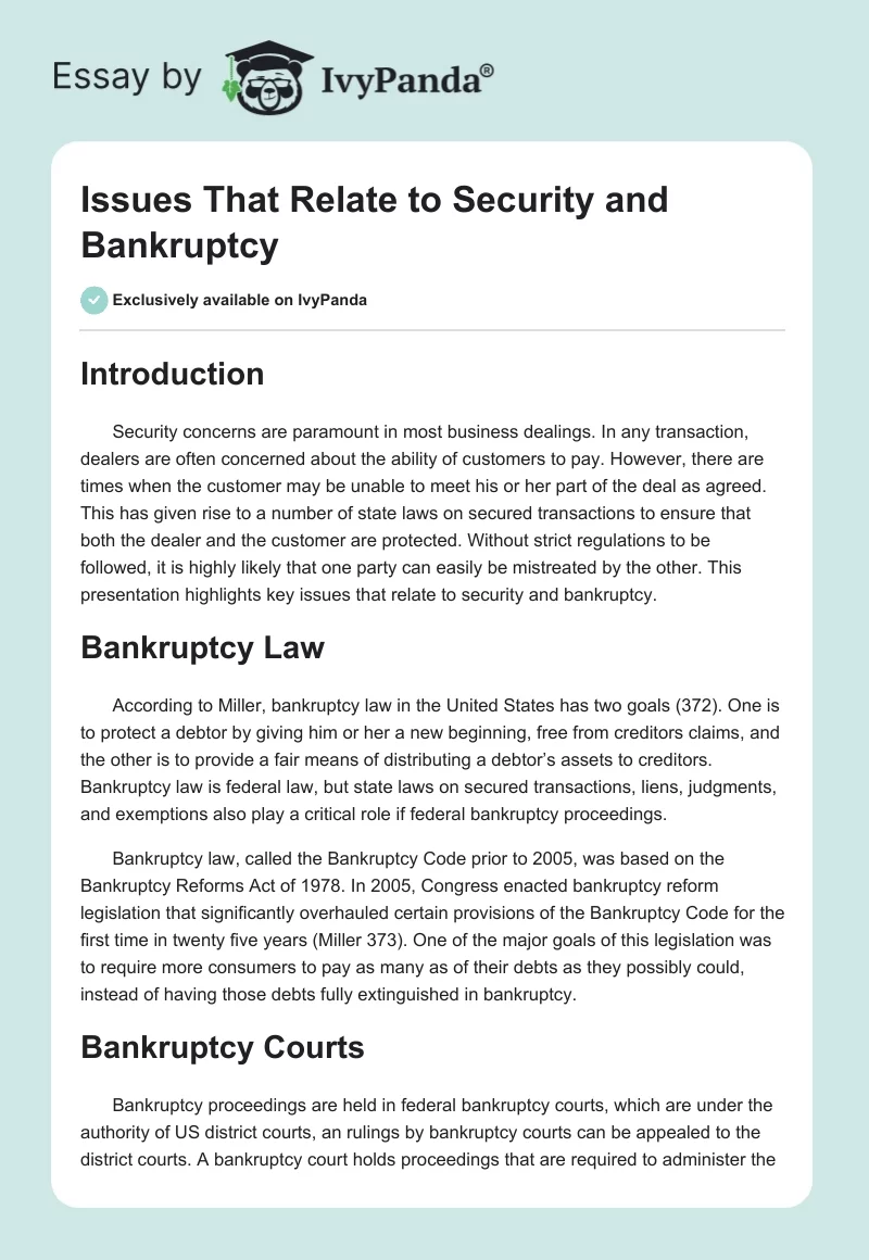 Issues That Relate to Security and Bankruptcy. Page 1