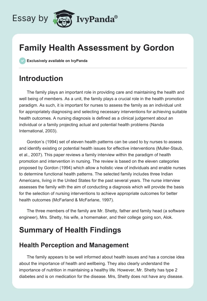 Family Health Assessment by Gordon. Page 1