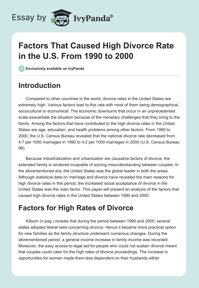 Factors That Caused High Divorce Rate in the U.S. From 1990 to 2000. Page 1