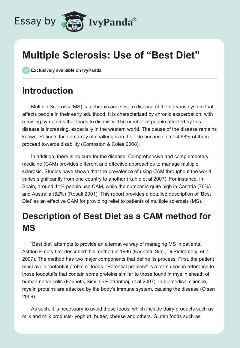 Multiple Sclerosis: Use of “Best Diet”. Page 1