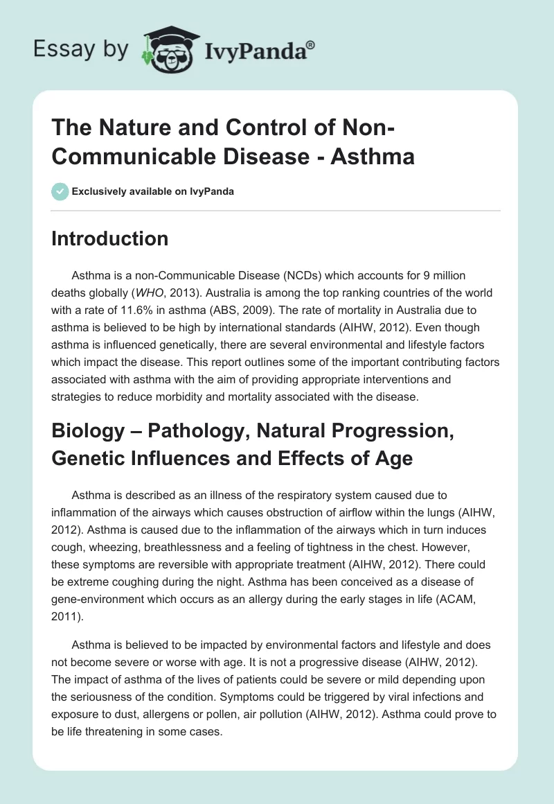 The Nature and Control of Non-Communicable Disease - Asthma. Page 1