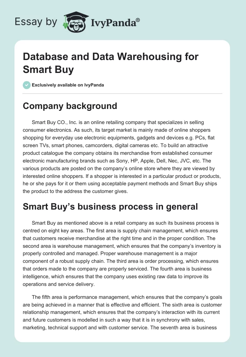 Database and Data Warehousing for Smart Buy. Page 1