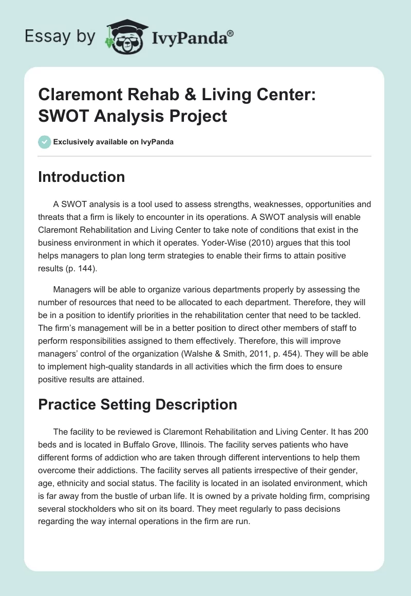 Claremont Rehab & Living Center: SWOT Analysis Project. Page 1