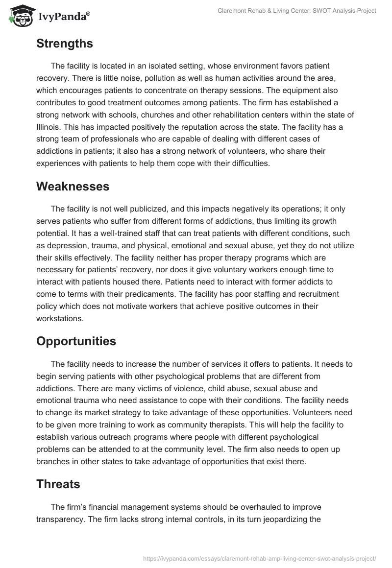 Claremont Rehab & Living Center: SWOT Analysis Project. Page 2